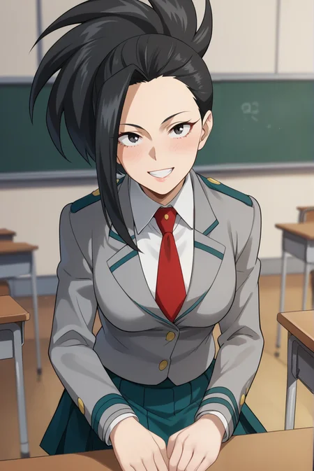 score_9, score_8_up, score_7_up, score_6_up, score_5_up, score_4_up, BREAK source_anime, 1girl,
<lora:MomoYaoyorozuXL-v1-07:0.7>, ChopioYaoyorozu, long hair, black hair, wide ponytail, asymmetrical bangs, black eyes, looking at viewer,
[medium breasts : large breasts: 10], breasts apart, (wide hips:0.7),
outfit_3, grey blazer, collared shirt, long sleeves, red necktie, blue skirt, pleated skirt,
classroom, desk, sitting, smile,