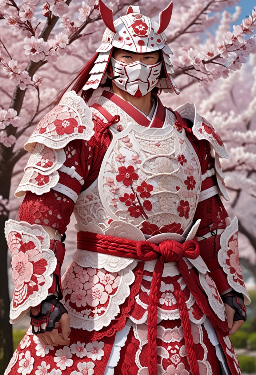 lazypos,high quality,masterpiece,ultra-high resolution,incredible composition,extremely detailed, 
madeoflace, ancient samurai warrior in armor crafted from layered white and crimson lace, each plate embroidered with floral patterns, standing amidst cherry blossoms