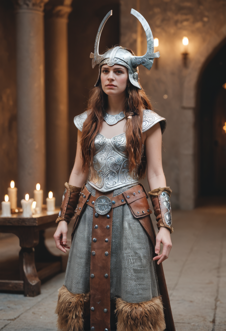 score_9, score_8_up, score_7_up  zPDXL3  (desirable young woman:1.1) viking, wearing Viking shieldmaiden costume with hide corset, chainmail skirt, hide bracers, fur boots, raven-crested helmet, viking sword and shield .set in viking longhouse, Sacred Space, Central altar adorned with offerings, intricate carvings decorating the walls, flickering candles casting a warm glow, animal skins laid out for prayer and meditation, the faint scent of incense lingering in the air   zPDXLrl