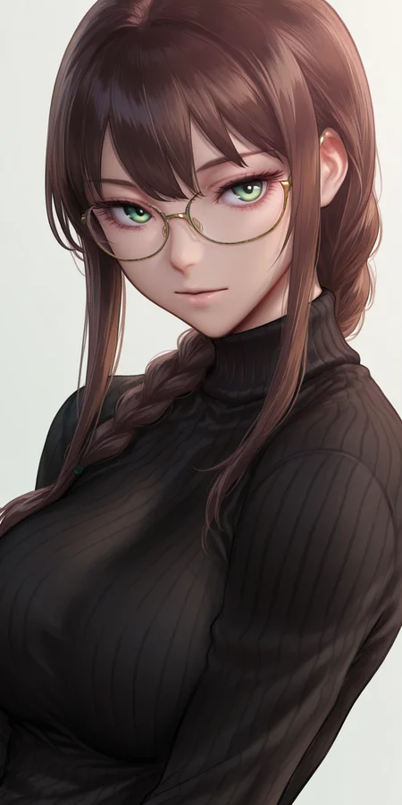 {{amazing quality, best quality, high quality, very aesthetic}}, 1girl, solo, looking at viewer, simple background, looking at viewer, eyelashes, brown hair, single braid, green eyes, bangs, glasses, large breasts, black sweater, turtleneck, expressionless
<lora:Artgerm_Illustration_Illustrious:0.9>