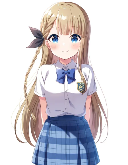 1girl, solo, cowboy shot, narumiya suzu, idoly pride, school uniform, standing, arms behind back, looking at viewer, smile, blush, (simple background, white background:1.2), BREAK, <lora:iSuzu:0.72>,
very aesthetic, high definition, amazing quality, masterpiece, best quality, highres, absurdres, sensitive, newest, anime screenshot, screencap