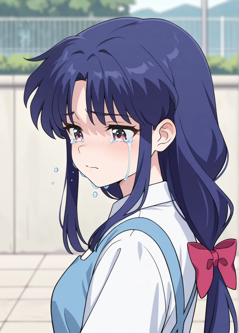 masterpiece, best quality, amazing quality, very aesthetic, absurdres, newest, detailed background, 4k, 8k, outdoors,
akanexd, 1girl, crying, tears, long hair, low-tied ponytail, blue hair, crying with eyes open, sad, shirt, closed mouth, school uniform, white shirt, blurry, bangs, solo, upper body, blurry background, 
 <lora:Akane_Tendo_-_Ranma_12_Remake_Illustrious:1>