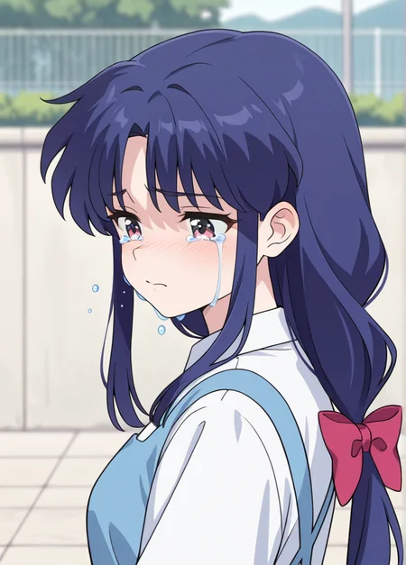 masterpiece, best quality, amazing quality, very aesthetic, absurdres, newest, detailed background, 4k, 8k, outdoors,
akanexd, 1girl, crying, tears, long hair, low-tied ponytail, blue hair, crying with eyes open, sad, shirt, closed mouth, school uniform, white shirt, blurry, bangs, solo, upper body, blurry background,
<lora:Akane_Tendo_-_Ranma_12_Remake_Illustrious:1>