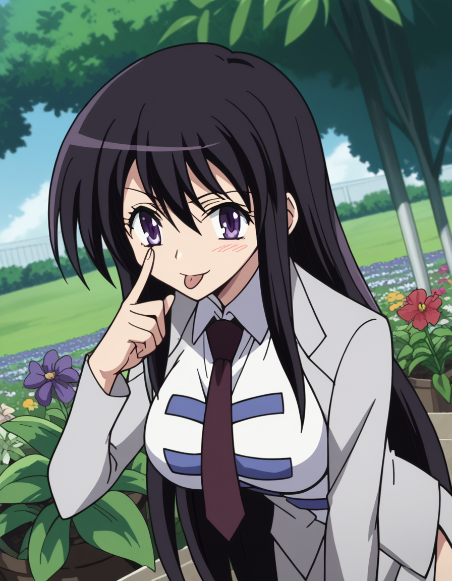 score_9, score_8_up, score_7_up, source_anime, <lora:kyouko-sonan-s1-ponyxl-lora-nochekaiser:1>, kyouko sonan, long hair, black hair, purple eyes, hair between eyes, sidelocks, anime screencap,, skirt, long sleeves, uniform, side slit, skirt suit, necktie, large breasts,, gardening, watering plants, backyard, flowers blooming, sunny day, smile, <lora:akanbe-ponyxl-lora-nochekaiser:1>, akanbe, eyelid pull, finger to eye, tongue out, :p, tongue, ;p, blush, leaning forward, bent over, from side,, looking at viewer, solo,, dutch angle, cowboy shot