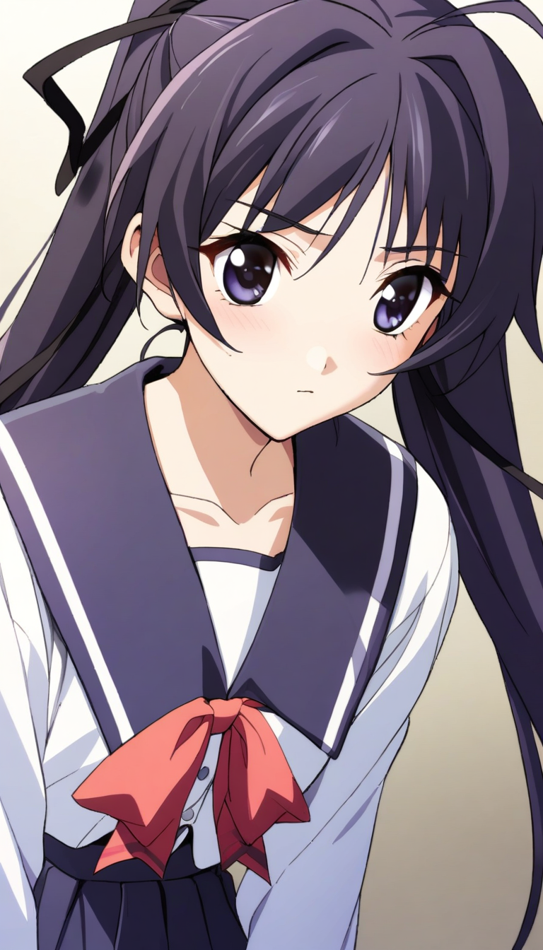 1girl,takano,long sleeves sumisora uniform,masterpiece,best quality,solo,very aesthetic,absurdres,game cg,simple background,white background,cowboy shot,(detailed beautiful eyes:1.2),(beautiful face:1.2),<lora:MemoriesOffDuetAIOXL-000005:0.8>,