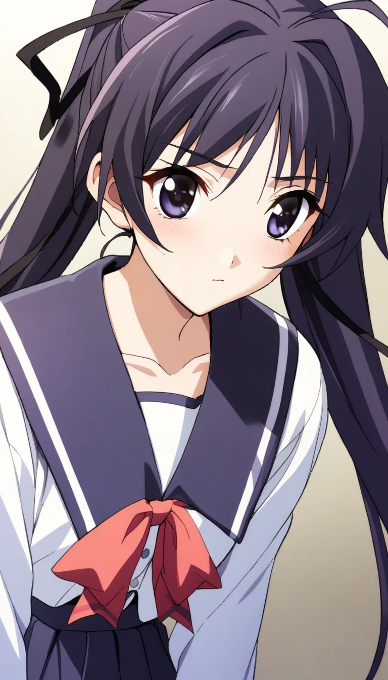 1girl,takano,long sleeves sumisora uniform,masterpiece,best quality,solo,very aesthetic,absurdres,game cg,simple background,white background,cowboy shot,(detailed beautiful eyes:1.2),(beautiful face:1.2),<lora:MemoriesOffDuetAIOXL-000005:0.8>,