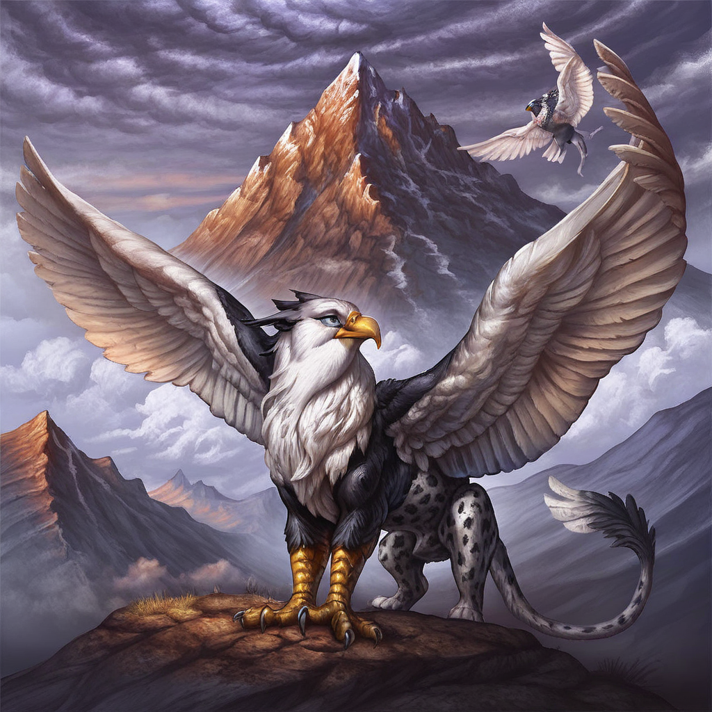 Score_7_up, score_8_up, full body, gryphon, beak, wings, feral, spread wings, black fur, white feathers, spotted fur, mountains, outdoors, detailed background,