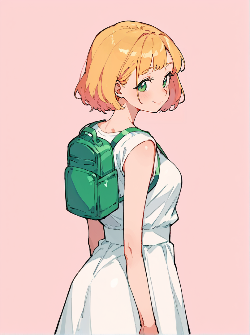 score_8_up, score_7_up, score_6_up, source_anime, 1girl, solo, simple background, pink background,
standing, pose, contrapposto, arched back, cowboy shot, facing viewer
from behind, looking back
happy, 
mini backpack <lora:Mini_Backpack:1>
green backpack
white dress