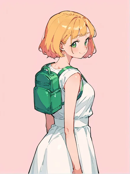 score_8_up, score_7_up, score_6_up, source_anime, 1girl, solo, simple background, pink background,
standing, pose, contrapposto, arched back, cowboy shot, facing viewer
from behind, looking back
happy,
mini backpack <lora:Mini_Backpack:1>
green backpack
white dress