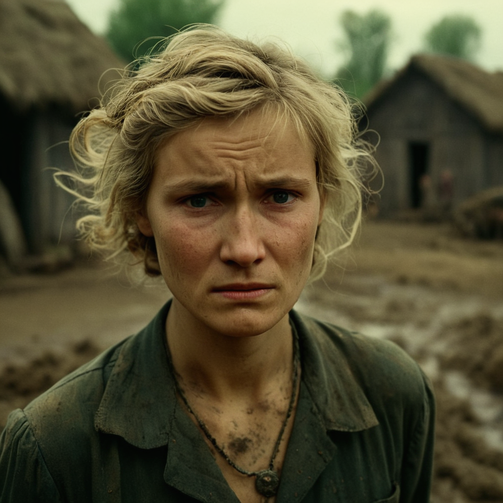 cinematic film still of  <lora:Come and See style v2:1> wrinkly sad depressed
In 1943, in a small Belarusian village a woman with dirty hair is holding a muddy hair,solo,blonde hair,shirt,1boy,jewelry,upper body,male focus,teeth,necklace,blurry,depth of field,blurry background,facial hair,realistic,stubble,dirty , action, horror, war, movie themed, sharp, detailed, epic cinematic photography, artistic, creative, dramatic light, cinematic color style, Kodak film style, 8k resolution, Come and See style, shallow depth of field, vignette, highly detailed, high budget, bokeh, cinemascope, moody, epic, gorgeous, film grain, grainy