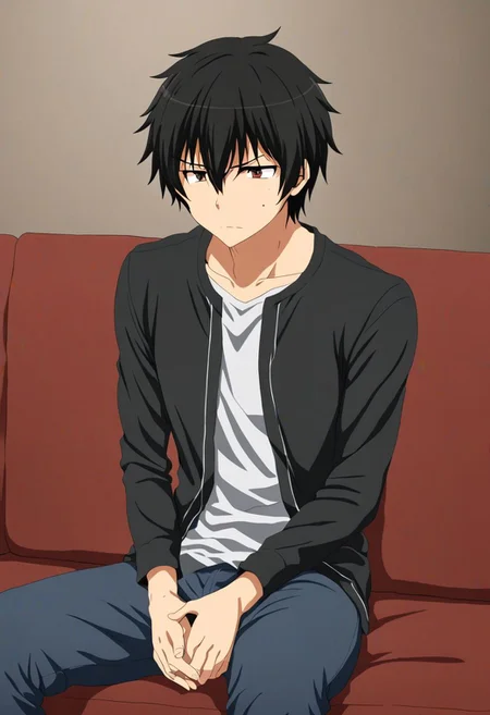 high resolution, solo, best quality, 1Boy, Kanie Seiya, Black Hair, deep talk, helpless, sit, couch, OverallDetail