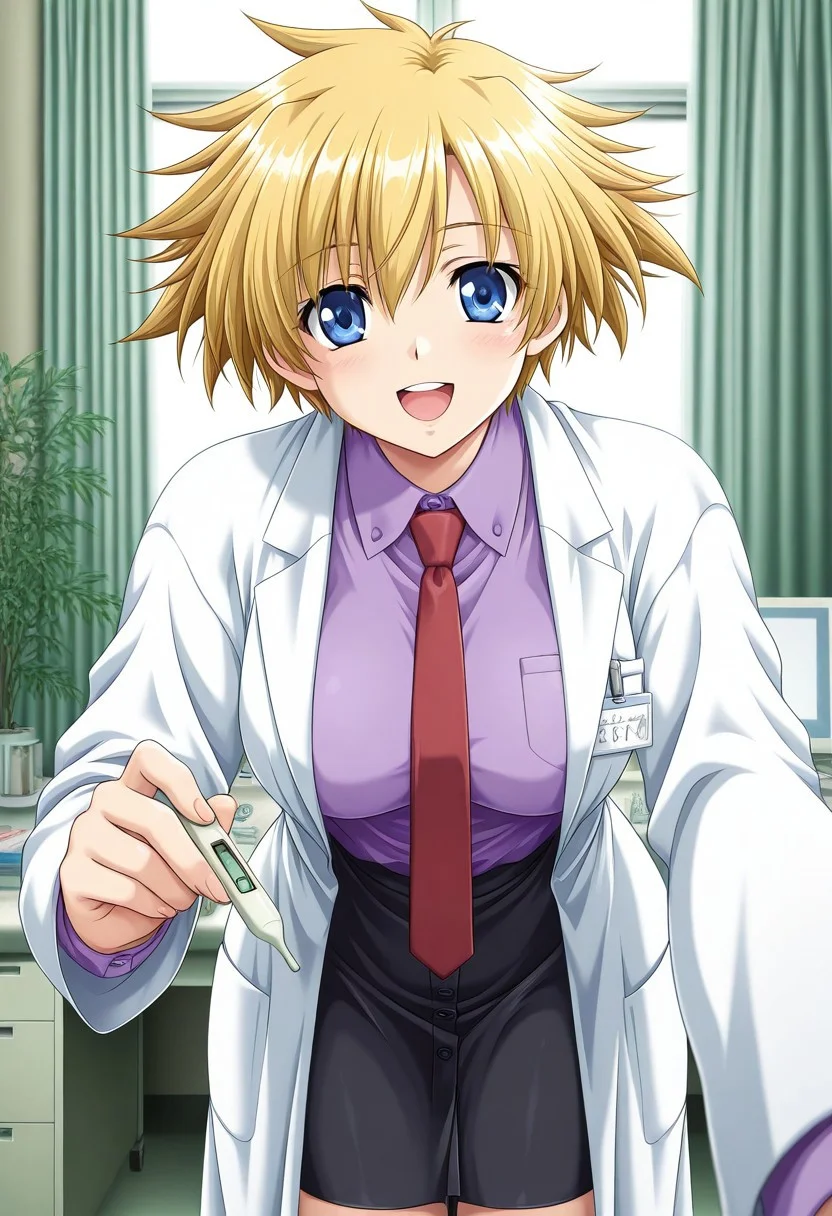 masterpiece, best quality, amazing quality,
BREAK 1girl,solo,<lora:hidaka_risa:0.9>,Hidaka Risa,Blonde Hair,short hair,spiky hair,spiked hair,blue eyes,medium breasts,alone,,solo,labcoat,long sleeves,open labcoat,name tag,shirt,collared shirt,purple shirt,necktie,red necktie,black skirt,skirt,buttons skirt,cowboy shot, infirmary, hospital room, looking at viewer,books,plant,window,morning,desk,pc,pc screen,smile,standing,thermometer,leaning foward,bent over,open mouth,