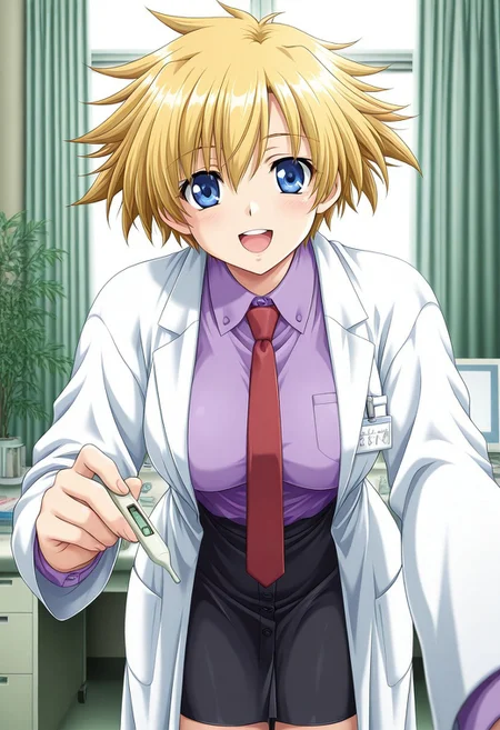 masterpiece, best quality, amazing quality,
BREAK 1girl,solo,<lora:hidaka_risa:0.9>,Hidaka Risa,Blonde Hair,short hair,spiky hair,spiked hair,blue eyes,medium breasts,alone,,solo,labcoat,long sleeves,open labcoat,name tag,shirt,collared shirt,purple shirt,necktie,red necktie,black skirt,skirt,buttons skirt,cowboy shot, infirmary, hospital room, looking at viewer,books,plant,window,morning,desk,pc,pc screen,smile,standing,thermometer,leaning foward,bent over,open mouth,