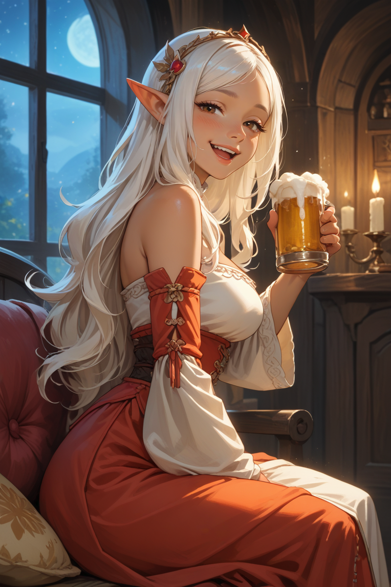 1girl, solo,
large breasts,
EniripsaDG,
brown eyes, pointy ears, dark-skinned female, white hair, long hair, 
detached sleeves, hair ornament, tube top, toeless legwear, dress,
medieval fantasy,warm light,night star in window,night,Candles, exquisite medieval room,
in bedroom, upper body,side view, hold beer,happy,looking at viewer,
sitting,half-closed eyes,blushing ,laugh,
<lora:sdxl_lightning_8step_lora:1>
<lora:EniripsaDG PonyXL v01:0.8>
score_9, score_8_up, score_7_up,score_6_up,
hyper-Detailed,masterpiece, best Quality,film Grain,