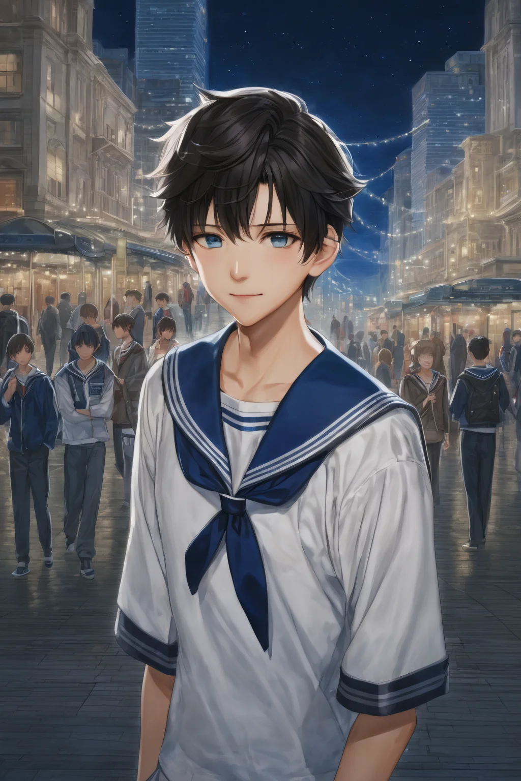 masterpice, best quality, 1boy, ((solo)), looking at viewer, dog ears, blue sailor_collar, serafuku, sailor shirt, half body, background of a city scape, pedestrians, soft lights, realistic lights, <lora:out4:1>