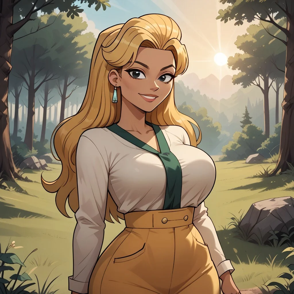 score_9, score_8, BREAK, solo, Kelly, Total Drama, Blonde, Mom, Milf, Sexy, long hair, dark skin, dark skin female, black pupils, large eyes, Total Drama art style, thin waist, wide hips, big butt, sexy pose, self portrait, smile, outdoors, sunlight, shadows, evening lighting, natural lighting, forest, trees, grass, orange sky, sunset