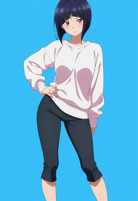 masterpiece, best quality, amazing quality, anime coloring, anime screencap,  1girl, inverted bob, white sweater, capri pants, black pants,  black hair,  blue background,  simple background,   contrapposto,