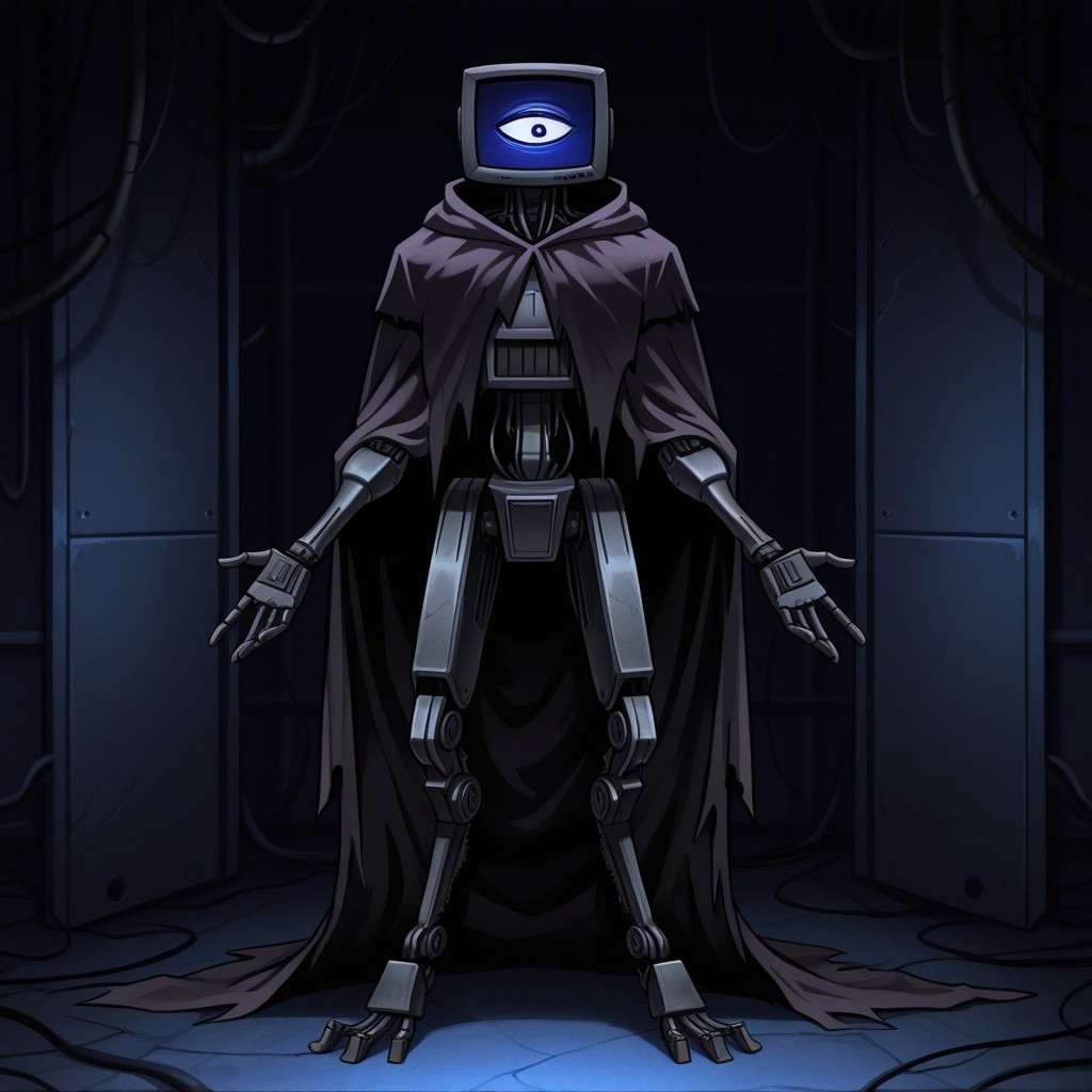 detailed, hires, absurd res, best quality, high quality, masterpiece, 4K, perfect eyes, perfect face, detailed hands, 5 fingers, newest BREAK male, 1boy, solo, ppthedoctor, robot, tv head, screen face, 1 eye, black cloak, standing, full body,