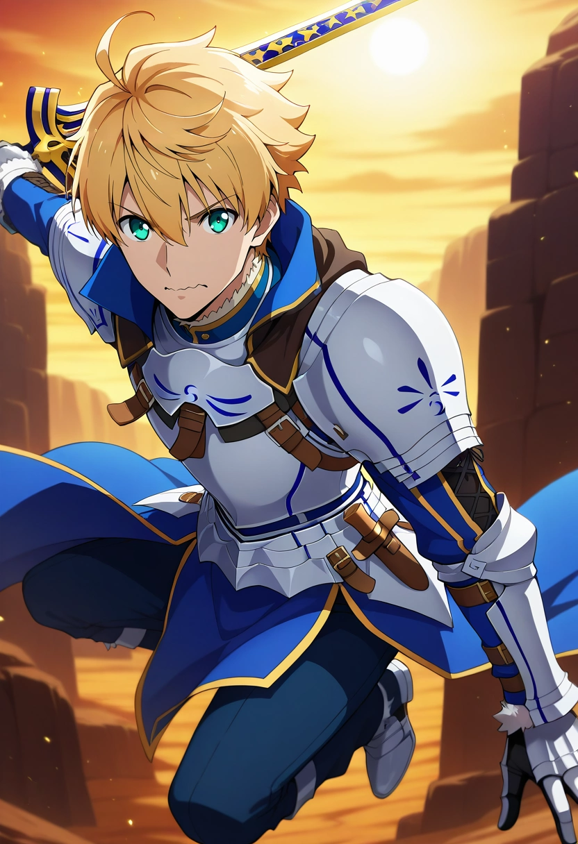 masterpiece, best quality, intricate details, anime screencap, anime coloring, official style, looking at viewer, 1boy, solo, male focus, <lora:arthur_pendragon_fate_ilxl:0.92>, arthur_pendragon_fate, blonde hair, green eyes, short hair, ahoge, hair between eyes, bangs, armor, breastplate, gauntlets, pauldrons, shoulder armor, , holding sword, from side, sahara desert, noon, jumping, wavy mouth, closed mouth,