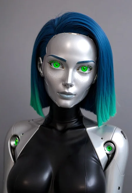 solo, A 35mm photo of a beautiful 20 year old woman, she is a humanoid robot , robotic body, emerald green robotic eyes, freckles, smooth featureless silver grey robotic skin, robotic aerials, metallic dark blue hair, elegant black latex bodysuit with white trim
TheFaceLess