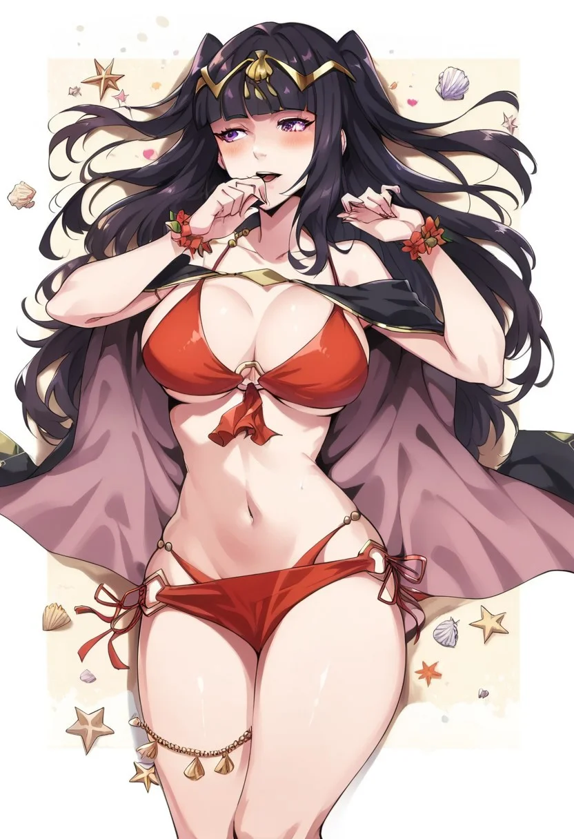 score_9, score_8_up, score_7_up, <lora:dannex009:1>, uncensored, 1girl, TharjaSummer, black hair, long hair, hair ornament, tiara, bangs, red bikini, o-ring bikini, swimsuit, cape, large breasts, jewelry, purple eyes, beach, towel
