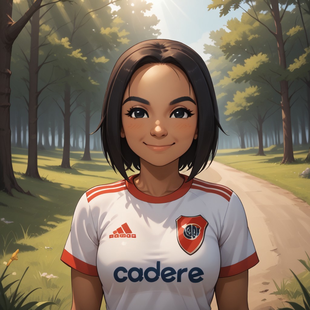 score_9, score_8, BREAK, solo, 1girl, black hair, black eyes, black eyebrows, blush, dark skin, dark skin female, RiverPlate, striped shirt, striped, shirt, white shirt, short sleeves, clothes writing, sportswear, soccer uniform, breasts, Yunyun_(Wii_Sports), cute, tall, thin, skinny, sexy pose, self portrait, smile, outdoors, sunlight, shadows, evening lighting, natural lighting, forest, trees, grass, orange sky, sunset