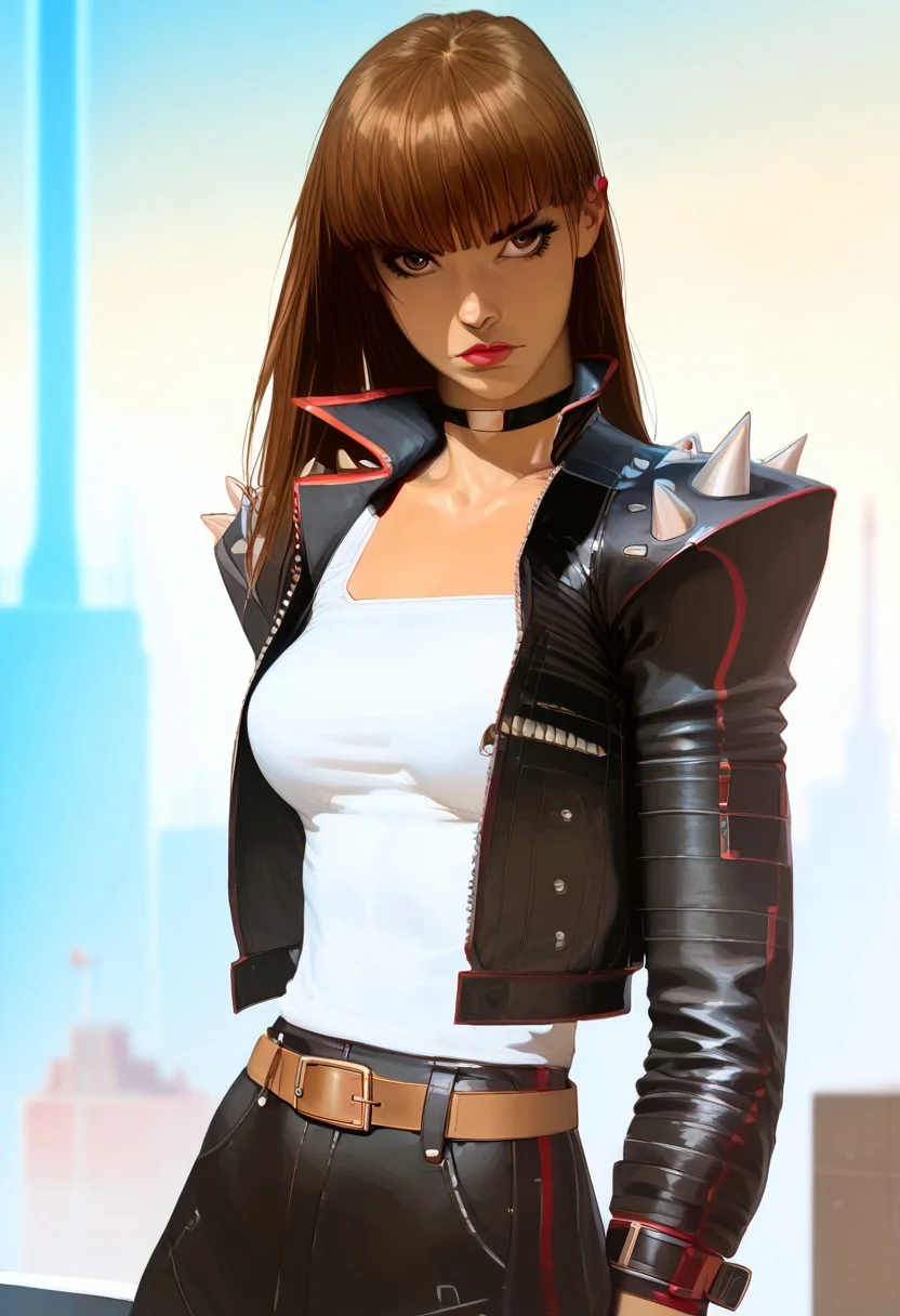 score_9, score_8_up, score_7_up, 1girl, solo, brown hair, brown eyes, long hair, bangs, thick eyelashes, athletic, nail polish, white chest sarashi, choker, leather cropped jacket, belt, leather miniskirt, fingerless gloves, spiked shoulders, near perfection, depth of field, cowboy shot, countershading, masterpiece, detailed and intricate, high-res, BREAK, (cowboy shot), window, rooftop, night, BREAK, Expressiveh, concept art, realistic, raw, photo. flat color, dark theme, sinozick style, 1g0r, kirishimanagixl, looking towards viewer.
