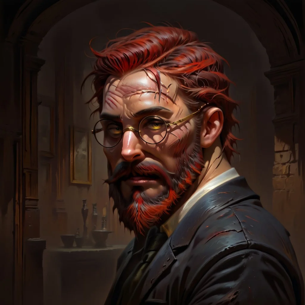 masterpiece, best quality, newest, absurdres, highres, DFOP-V3.0, oil painting, realistic, 1boy, glasses, red hair, suit, round glasses, beard, facial hair, mustache, scar, scars on face