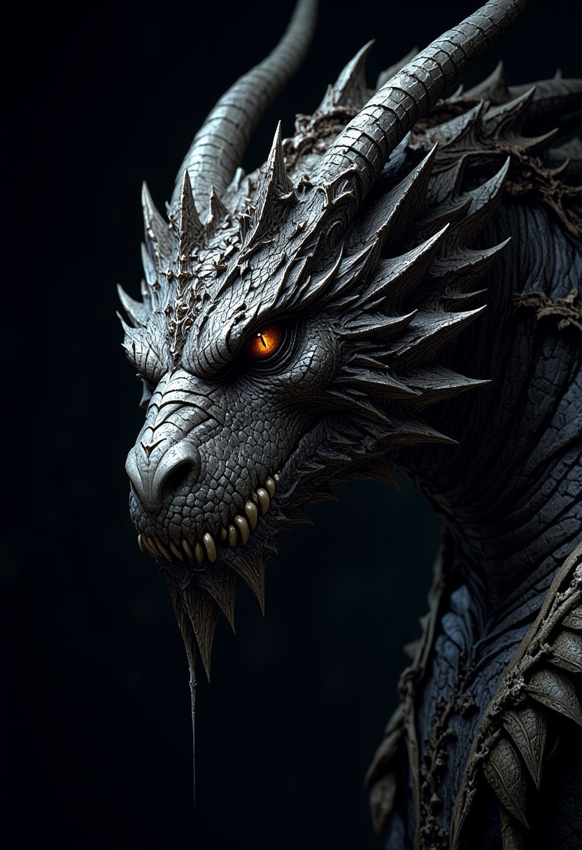mythp0rt, ArsMJStyle, dnddarkestfantasy, chaiascuro, closeup portrait of majestic western dragon, dark background, moody,