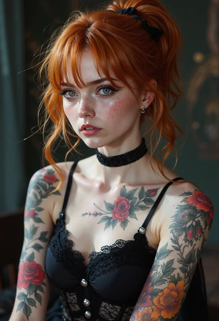 A photorealistic portrait of a striking young woman with tousled orange hair styled into a playful ponytail with loose strands framing her face, tied with a black velvet ribbon. Her pale skin glows softly under diffused daylight, contrasted by dark, dramatic eyeliner and smoky eye makeup that accentuates her large, expressive hazel eyes. She wears a deep plum lipstick that adds a sultry edge to her look.she wears atank top , a black lace choker, complementing her arms adorned with beautifully detailed, colorful floral tattoos featuring roses and gothic-style embellishments. . The background is softly blurred with muted tones, emphasizing her vibrant yet dark allure, creating an intriguing balance between edgy and ethereal, small earings
<lora:flux.1_lora_flyway_Epic-detail_v2:0.7> <lora:VividlySurreal:0.6>
