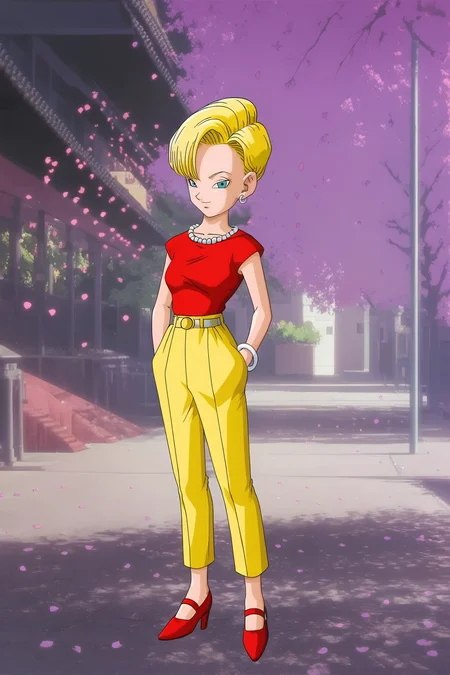 source_anime, score_9, score_8_up, score_7_up, anime screencap, high quality,
android 18, dragon ball gt, official style, 1girl, solo, breasts, looking at viewer, smile, very short hair, blonde hair, off shoulder, silver earring, full body, earrings, outdoors, belt, yellow pants, white footwear, high heels, white bracelet, petals, cherry blossoms, red shirt, hands in pockets, bead necklace, pearl necklace, high-waist pants, arms at sides, beads, bangs, looking down at another, grey eyes
<lora:c18_pony:0.8>
