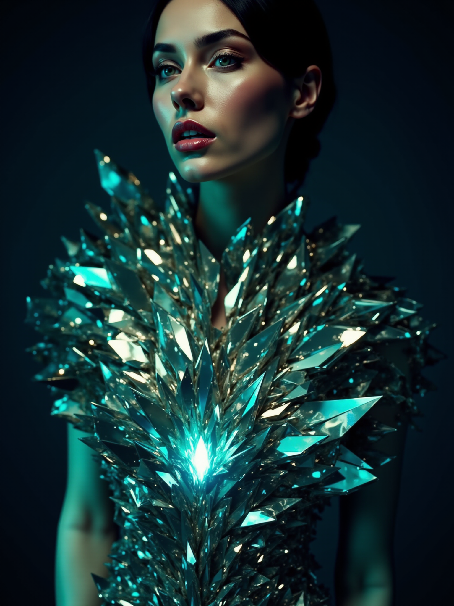 A half-body portrait focusing on the neckline and collarbone area of a female model. She wears a dress where the upper part is formed from larger, angular crystal shards, rendered in striking hyperreal detail, that appear to grow organically around her. Each shard has a powerful futurism hyperreal iridescent quality, reflecting intense studio lights in vibrant blues and greens. Some of the central crystal shards are intensely glowing from deep within, casting dramatic light upwards and creating sharp, surreal reflections on her skin and the nearby fabric. This digital art piece is captured with cinematic lighting to emphasize the glowing, reflective, intricate, hyperreal crystalized texture and create a bold, high-fashion statement.
<lora:ral-iridescent-hyperreal-futurism-flux_000003000:1>