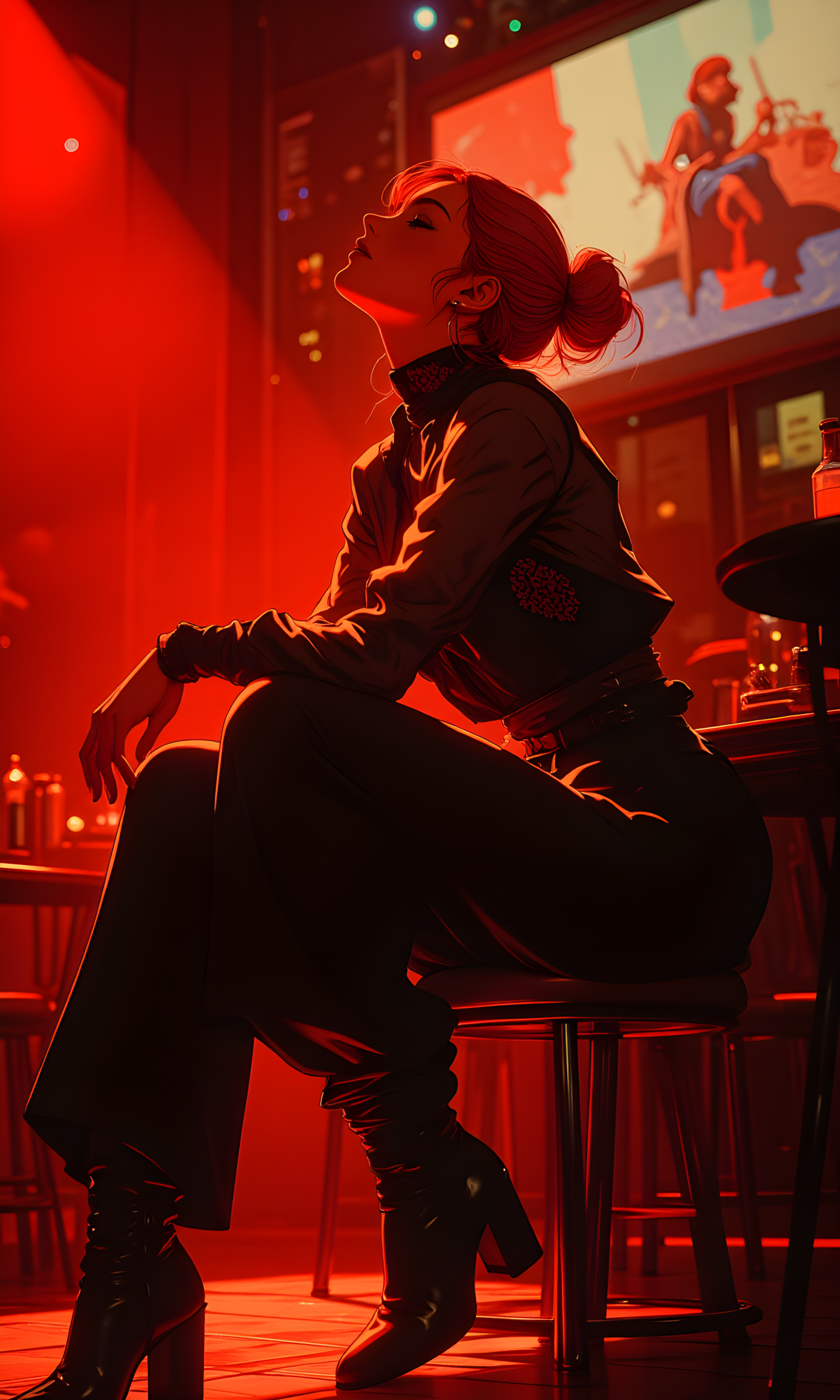 A woman with vibrant red hair styled in a high bun is seated on a stool, her head tilted back and eyes closed. The camera captures her from a slightly low angle, emphasizing her relaxed posture and the details of her outfit. Warm, reddish lighting dominates the scene, casting a moody glow that highlights her features and creates deep shadows around her. The light source appears to be off-camera, possibly from stage lights or ambient bar lighting, giving the image a dramatic and intimate feel. In the background, blurred elements such as tables, chairs, and a screen suggest a dimly lit bar or club setting. The composition focuses on the woman, with her black lace top, wide-legged pants, and chunky boots drawing attention. The surrounding environment, though out of focus, adds context to the scene, creating a sense of being in a lively yet subdued nightlife atmosphere.
BREAK anime, d13s3lp2nk, bboil artist style, OBdonman, Anime art, <lora:FLUX\Anime Art V3:0.2>, <lora:FLUX\Synesthesia:0.2>, <lora:FLUX\RetroAnimeS1.1:0.5>, <lora:FLUX\Flux-jijia:0.1>, <lora:FLUX\It's a LoRA for portraits, BUT! actually specialized in backgrounds. v1.0:0.1>, <lora:FLUX\GLSHS:0.2>, <lora:FLUX\Dieselpunk Delight - s0_9 g4:0.4>, <lora:FLUX\OBdonman, anime0style portrait:0.1>