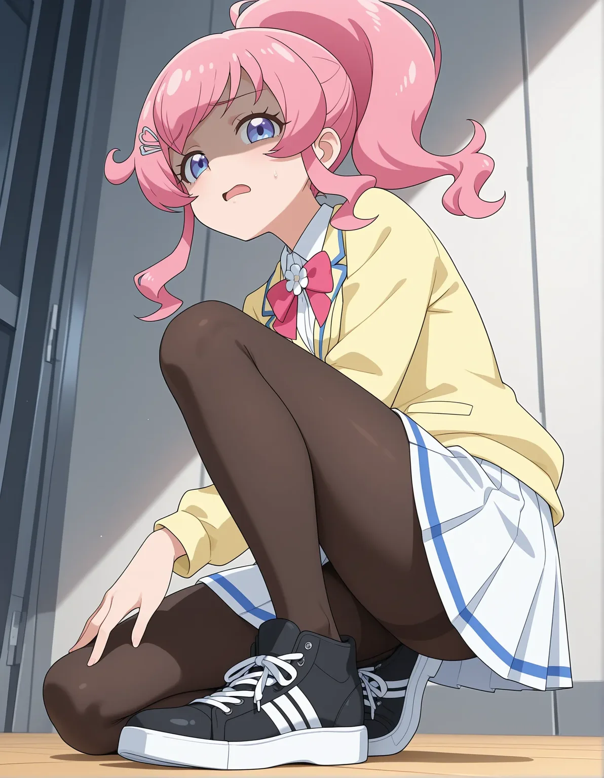 1girl, momoyama mirai, kiratto pri chan,
solo, anime coloring, disgust, on one knee, from below, full body, from side, half-closed eyes, pink hair, long hair, high ponytail, swept bangs, sidelocks, hairpin, blue eyes, small breasts, yellow jacket, collared shirt, bowtie, red bow, pleated skirt, white skirt, looking at viewer, miniskirt, red bowtie, long sleeves, shadow, sneakers, raised eyebrows, black footwear, shoes, bow, shaded face, jacket, school uniform, breasts, pantyhose, open mouth, skirt, shirt,
best quality, very aesthetic, newest, masterpiece, absurdres, highres, anime screenshot, safe
<lora:il-prichan-mirai1.0:1>