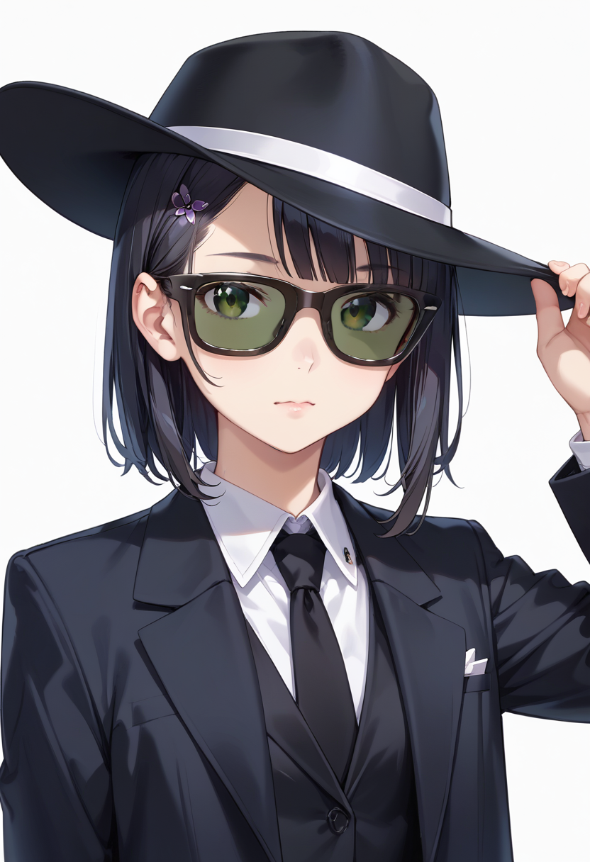 score_9, score_8_up, score_7_up, rating_safe, masterpiece, best quality, absurdres, unity 8k wallpaper, official art, official style, source_anime, uncensored, game cg, megami magazine,
1girl, solo, black hair, medium hair, upper body, covered eyes,sunglasses, formal, suit, black suit, necktie, black necktie, black fedora, black hat,
sg_WAYFARER, sunglasses, covered eyes, white background, simple background, darkgreen tinted eyewear, black-framed eyewear, 
 <lora:glasses_wayfarer_PONY_V1:1>