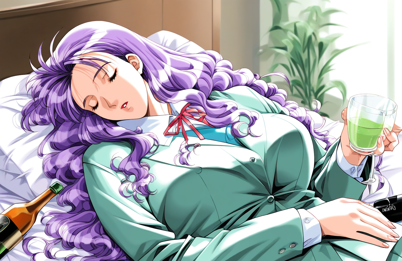 score_9, score_8_up, score_7_up, source_anime, rating_explicit, BREAK  <lora:Katagiri_Mirei_XL:1>Katagiri_Mirei, purple hair, long hair, lipstick, closed eyes, large breasts,
solo, 1girl, sleeping, closed eyes, bottle, long sleeves, parted lips, cup, drinking glass, school uniform