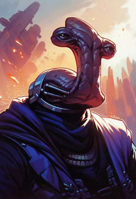 score_9, score_8_up, score_8, score_7_up, score_7, score_6_up, score_6, score_5_up, Score_5, ithorian hammerhead alien, jedi robes, vox machine style, 1boy, male focus, solo, portrait, in a graveyard at night time background, fantasy, (dynamic lighting:1.1)
((masterpiece))