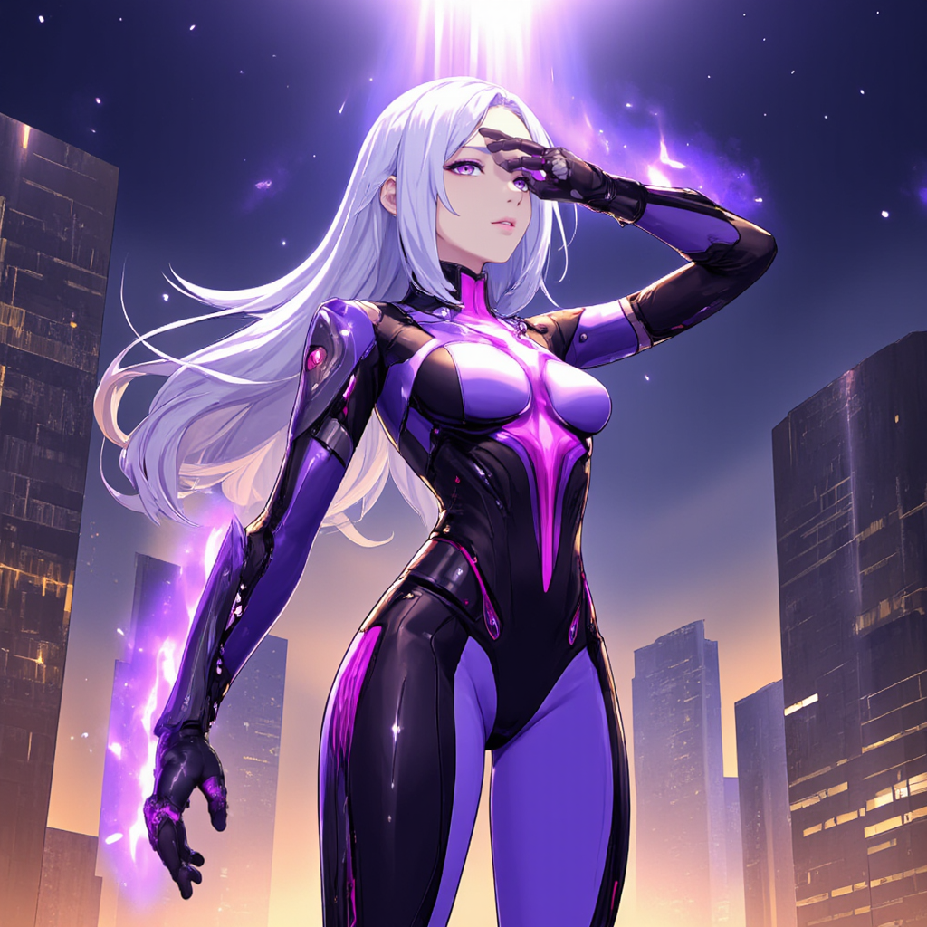 <lora:FLUXHoyoverse_art_style:1> hvstyle,  <lora:Hand v2:1> hand, detailed hand, perfect hand, A futuristic anime-style female character with long white hair, styled simply and flowing freely. She wears a sleek, form-fitting cybernetic suit with black and metallic accents, highlighted by glowing purple and pink neon lights. The suit showcases advanced technology with visible circuits and mechanical joints, giving her a powerful and robotic appearance. She stands confidently in an urban setting with tall buildings around, a night sky filled with stars above her. The background features a soft orange glow, enhancing the sci-fi atmosphere. The character looks determined, gazing upwards with a hand on her forehead, as if shielding her eyes from a distant light source.