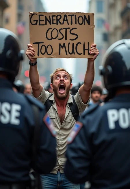 A photograph of a screaming, ragged, angry madman protesting with a poster in his hands that says "GENERATION COSTS TOO MUCH", police officers stand in the foreground with their backs to the viewer,