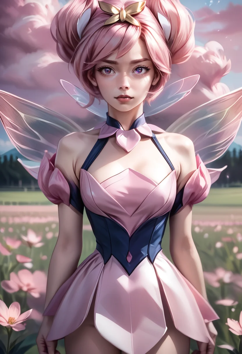 zPDXL2, source_anime, 1girl, solo, mysticlux, cowboy shot, standing, sunny day, pink clouds, field, fairies <lora:Mystic_Lux_Pony:0.8> <lora:RealisticAnime:1>