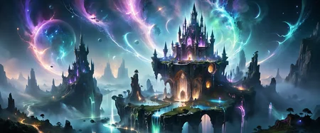 Mythical Nightscapes, a concept matte painting of a singular floating island castle, flying citadel levitating across interstellar space in a misty pearlescent nebula by ross tran towers situated in a starry expanse of bioluminescent cosmic worlds by beksinski and beeple, flying citadel with towers, trending on artstation. <lora:glowneon_xl_v1:1> glowneon, glowing, sparks, lightning