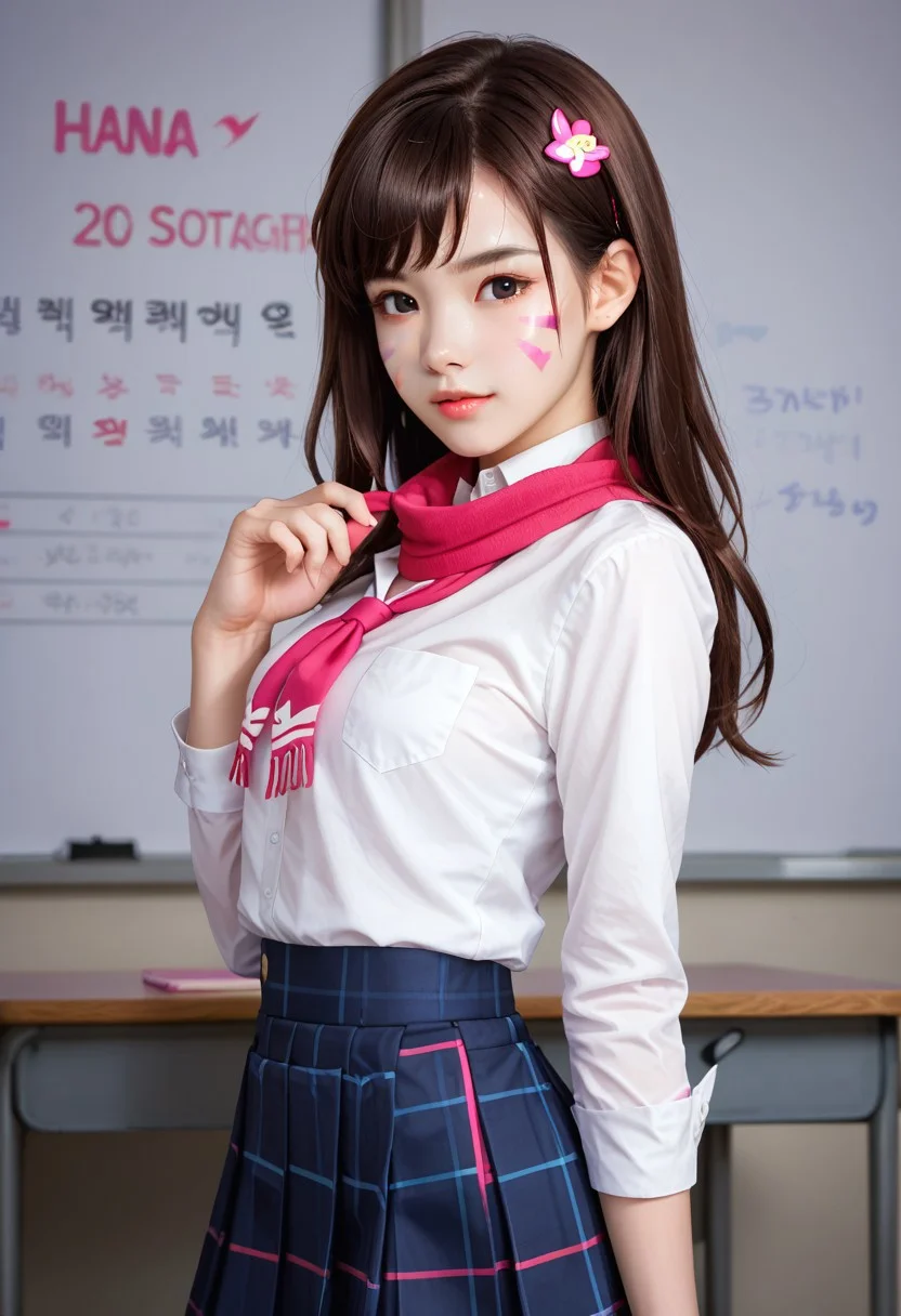 score_9, score_8_up, score_8, score_7_up, thin, score_7, rating_questionable, 1 girl, 19 years old, natural chest, (DVA), (hana song), Korean girl, happy, head tilt, eager virgin look, cute, sweaty, dynamic lighting, high contrast, dynamic hairstyle, Japanese school uniform with skirt, special pose, putting on a show, popstar, hourglass figured, view from side, dvapony, brown hair, facial marks, red scarf, flicking the bird, full body shot, classroom background