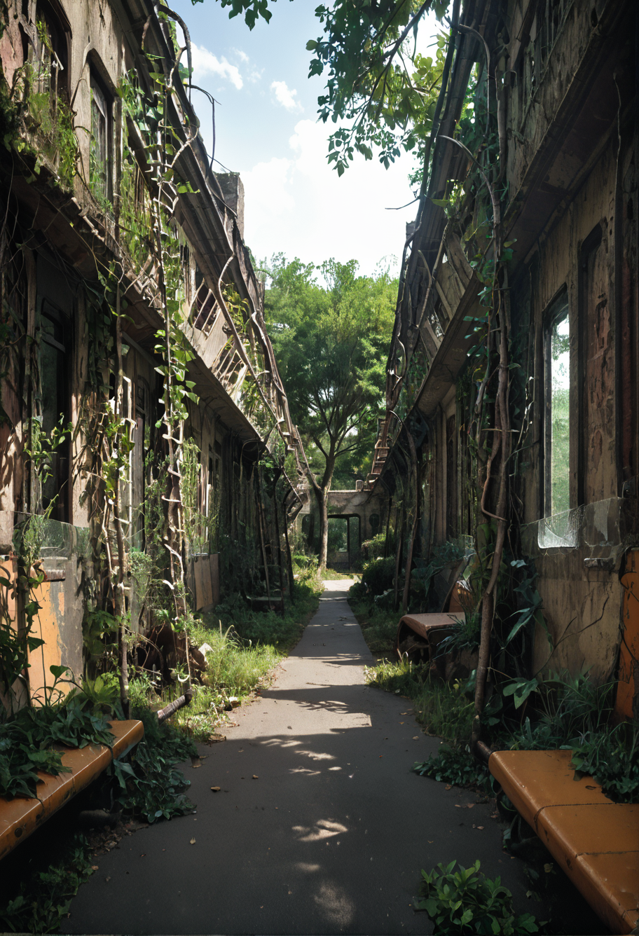 ,ruanyi0777,moss,vines,overgrown,tree,ruins,broken window,outdoors,cityscape,sidewalk,ground vehicle,vehicle focus,road,lamppost,,ruanyi0774,belly chain,garter belt,apricot underwear,apricot thighhighs,1girl,solo,<lora:0777 no one world_v1_pony:1>,<lora:0774 Sexy lingerie 12_v1_pony:0.7>, score_9,score_8_up,score_7_up,,8k,1girl,solo,