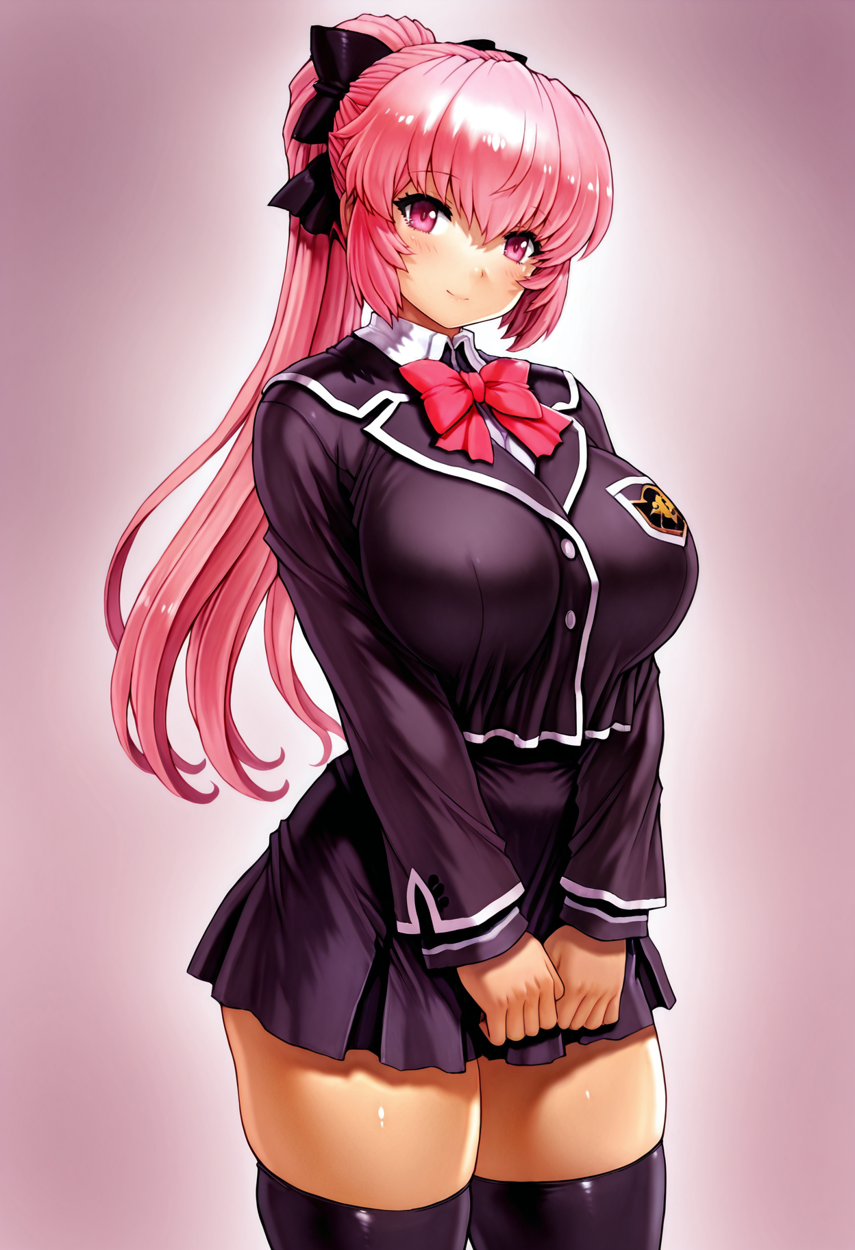 masterpiece, best quality,
 <lora:mogudan:1> M0gd4n, 1girl, solo,standing,looking at viewer, happy, closed mouth,pink hair, ponytail, pink eyes,school uniform, bow, long sleeves, skirt, skindentation, thighhighs,