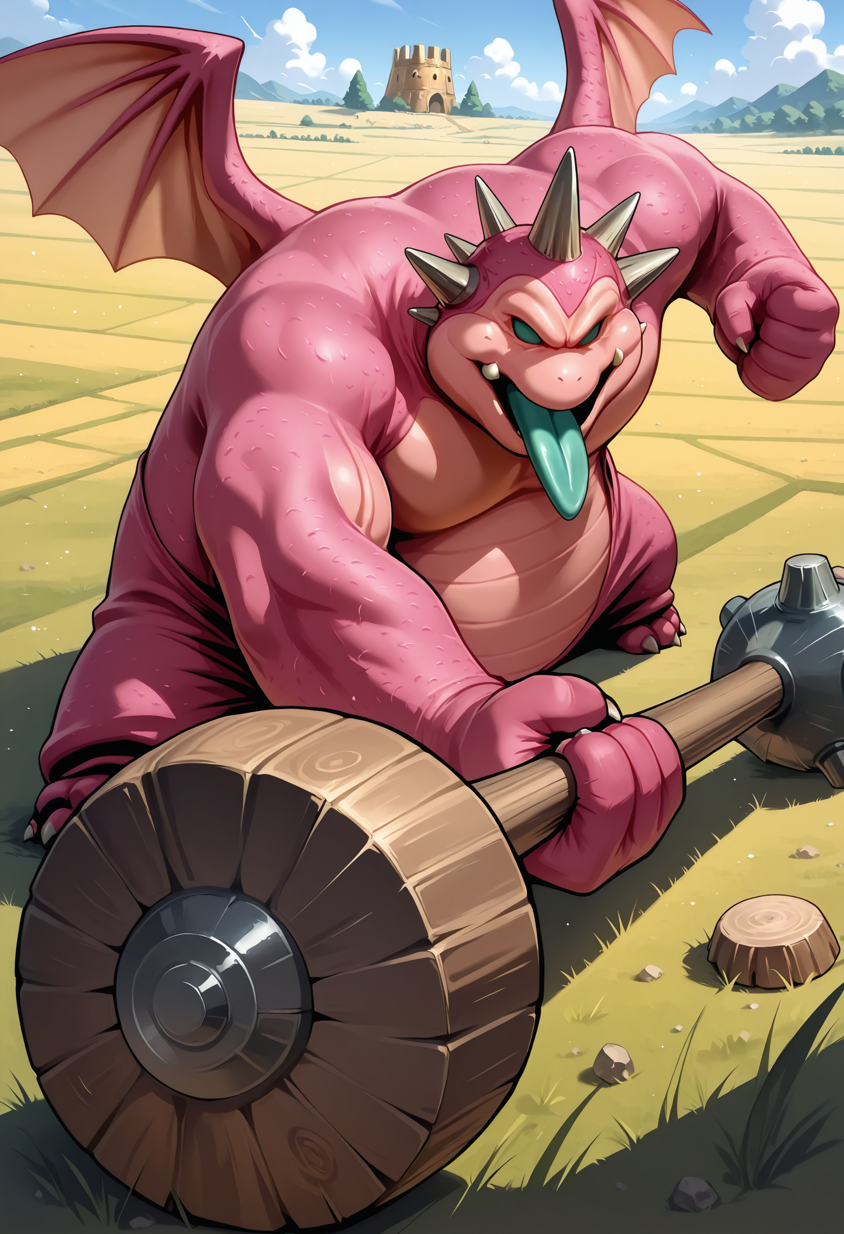 masterpiece,best quality,super detailed,extreme detailed,full_body,day,field,no humans BREAK nightclubber_(dq),hammer,holding hammer,horns,tongue,tongue out,wings,<lora:nightclubber_(dq)-IL:1>,fighting stance,incoming attack,