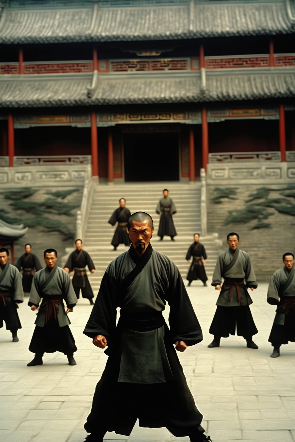 <lora:Director Zhang Yimou style:1>Director Zhang Yimou style - [80518606596611217]An intense martial arts scene depicting  "Descending Dragon 18 Palms" against  "Lonely Nine Swords" in a traditional Chinese courtyard setting. a tall and muscular man with a rugged appearance, wears a black robe and has a thick beard. a slender and agile young man with long hair, wears a white outfit and holds two swords. The two warriors stand facing each other, eyes locked in a fierce stare-down. The camera angle is low, showing the intricate movements of the fight from a dynamic perspective. The lighting is natural, with the sun casting shadows and highlighting the details of the fighters' faces and costumes. The swords clash loudly and sparks fly as they exchange rapid blows. In the background, other characters watch the duel in awe, adding to the dramatic tension of the scene. The painting captures the spirit of classic Chinese martial arts and the legendary characters of  novels. UHD, 16k, retina