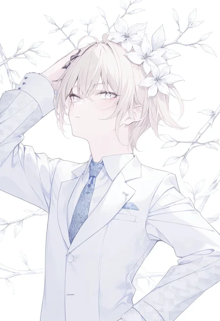 strange head,branch head,1boy,necktie,male focus,formal,suit,solo,shirt,upper body,jacket,white background,long sleeves,collared shirt,no humans,solo,flower head,partially colored,colorful_necktie,
[ unmoving pattern],
masterpiece,absurdres,newest,[dynamic pose],flower replace the head,rurudo