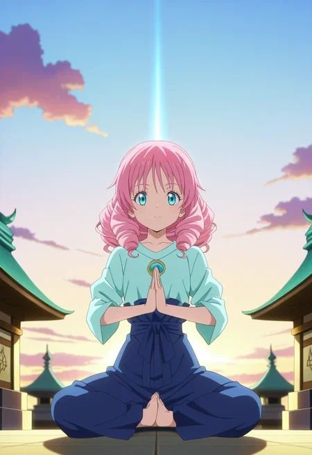 masterpiece, best quality, anime screencap, anime coloring, official style, intricate details, looking at viewer, 1girl, turquoise eyes, pink hair, drill hair, ,, solo, cloud temple, mist gardens, wind chimes, sky paths, meditation pose, serene expression, dawn, <lora:tensura_style_ilxl:1>, tensura_style,