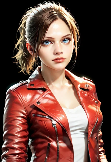 score_9,score_8_up,score_7_up,realistic, Claire Redfield,1girl,solo,breasts,looking at viewer,short hair,shirt,brown hair,jacket,upper body,solo focus,open jacket,lips,red jacket,realistic,leather,leather jacket,