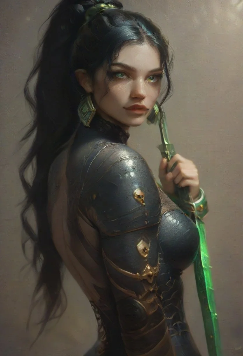 (score_9, score_8_up, score_7_up), score_6_up, best quality, masterpiece, extreme detail, perfect lighting, 4k, 2d, very detailed, best quality, highly detailed texture, depth of field, masterpiece, BREAK, 1girl, ChelXLP, chel, majestic,beautiful bright pupils, black hair, ((ponytail)), green earrings, cute face, (gorgeous face:1.3), (skin detail:1.3), (shadows:1.3), (oily, shiny:1.3), long hair, massive firm breasts,perfect body,bubble butt,
((( Callidus assassin, black bodysuit, wrist blade))),
((relaxed)), detailed, intricate details,flowing hair, long wavy hair, fantasy, solo focus,epic, concept art, realistic, highly detailed, realistic, (front view), dark skin,Sculpted grace